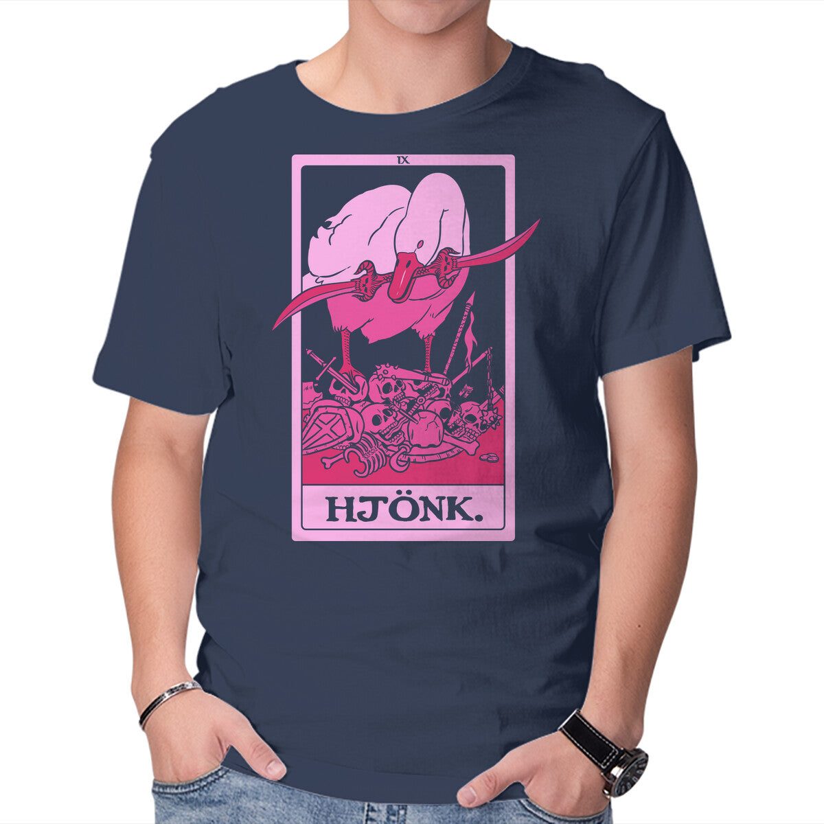 Hjonk Tarot – Gaming Graphic T-Shirt in navy, product display