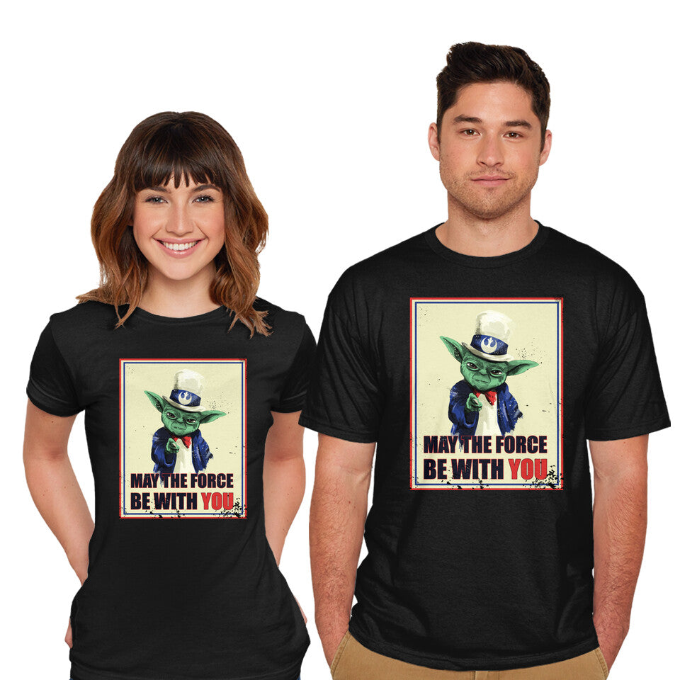 Model wearing black May The Force Be With You – Sci-Fi Graphic T-Shirt