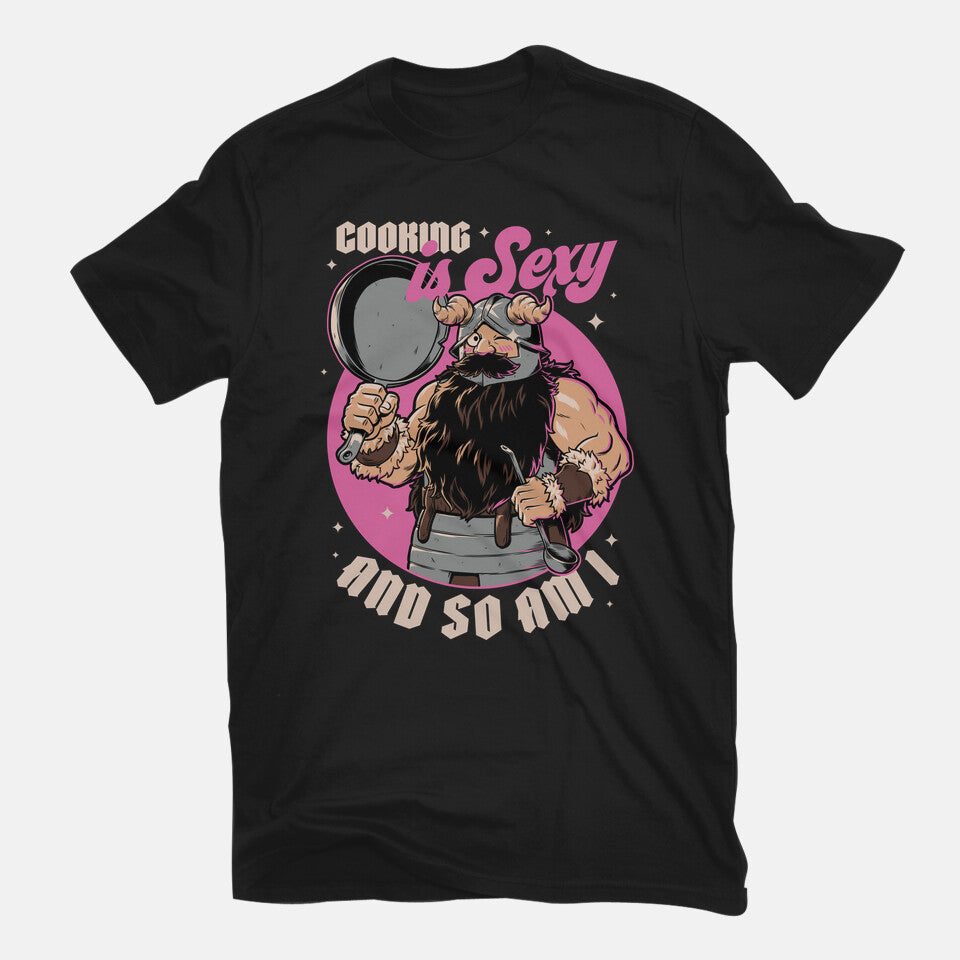 Cooking Dwarf – Gaming Graphic T-Shirt in black, flat-lay product view