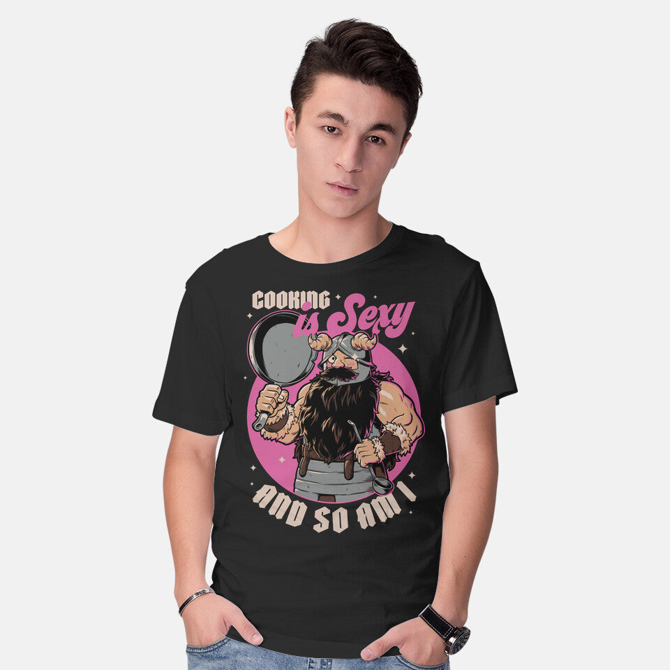 Model wearing black Cooking Dwarf – Gaming Graphic T-Shirt