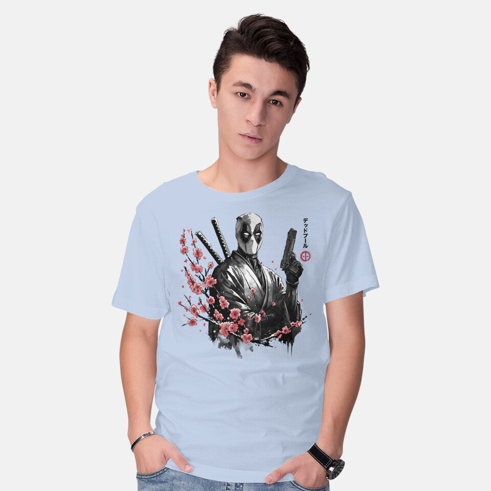 Model wearing blue Merc Portrait Sumi-e – Movie Graphic T-Shirt