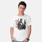 Model wearing white Merc Portrait Sumi-e – Movie Graphic T-Shirt