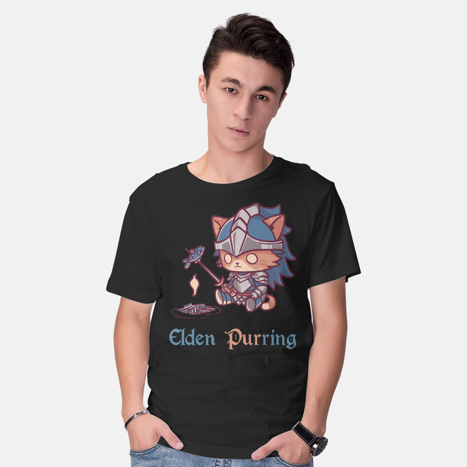 Model wearing black Elden Purring – Cat Graphic T-Shirt