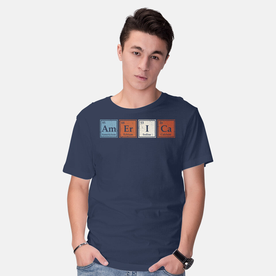 Model wearing navy Patriotism Is Elemental Graphic T-Shirt