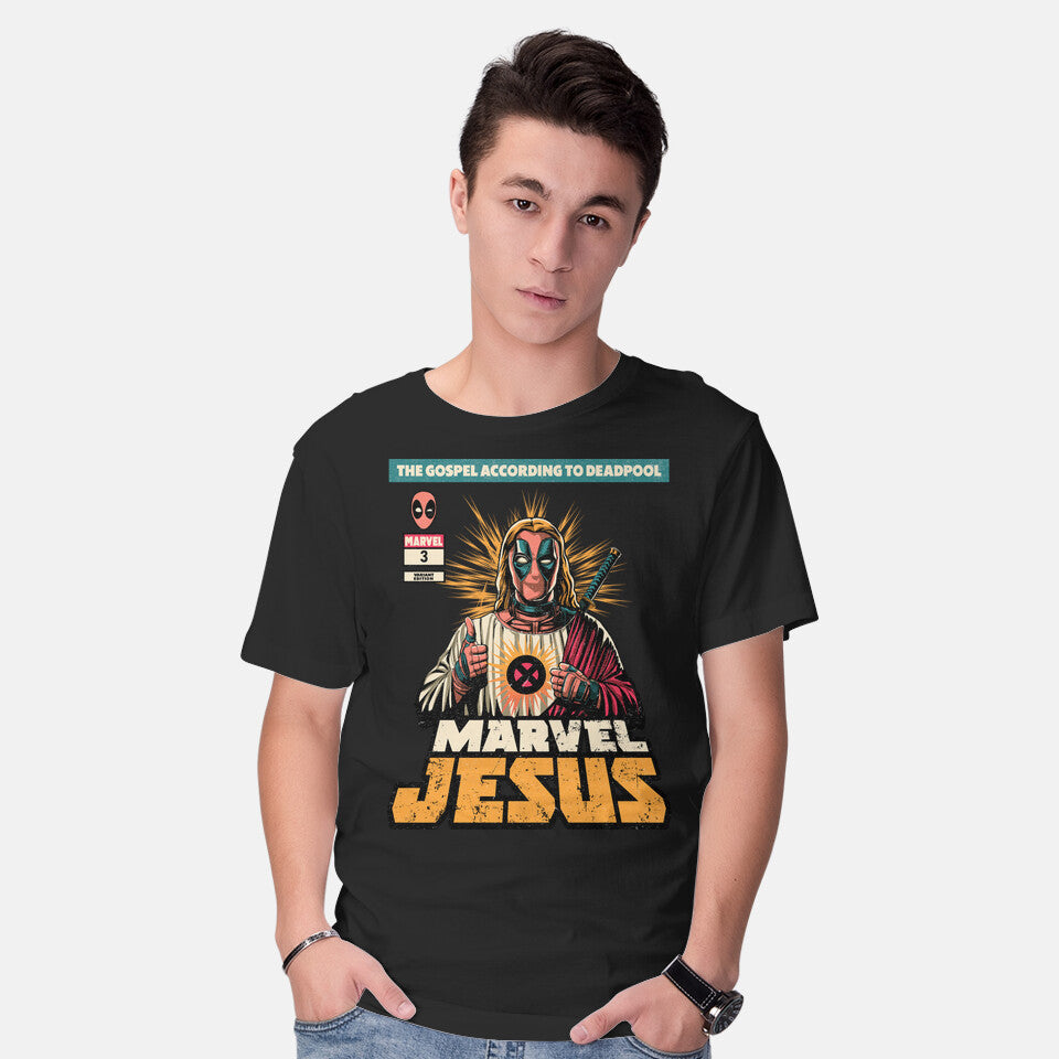 Model wearing black Savior – Movie Graphic T-Shirt
