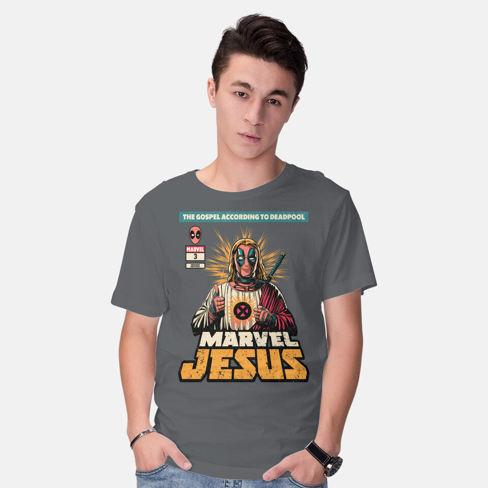 Model wearing charcoal Savior – Movie Graphic T-Shirt
