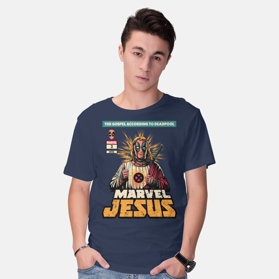 Model wearing navy Savior – Movie Graphic T-Shirt