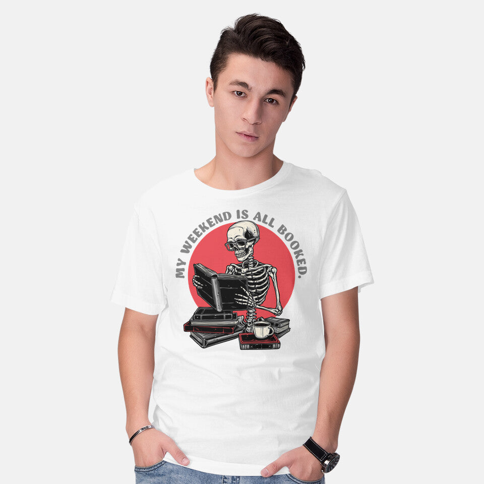Model wearing white Weekend Reader – Horror Graphic T-Shirt