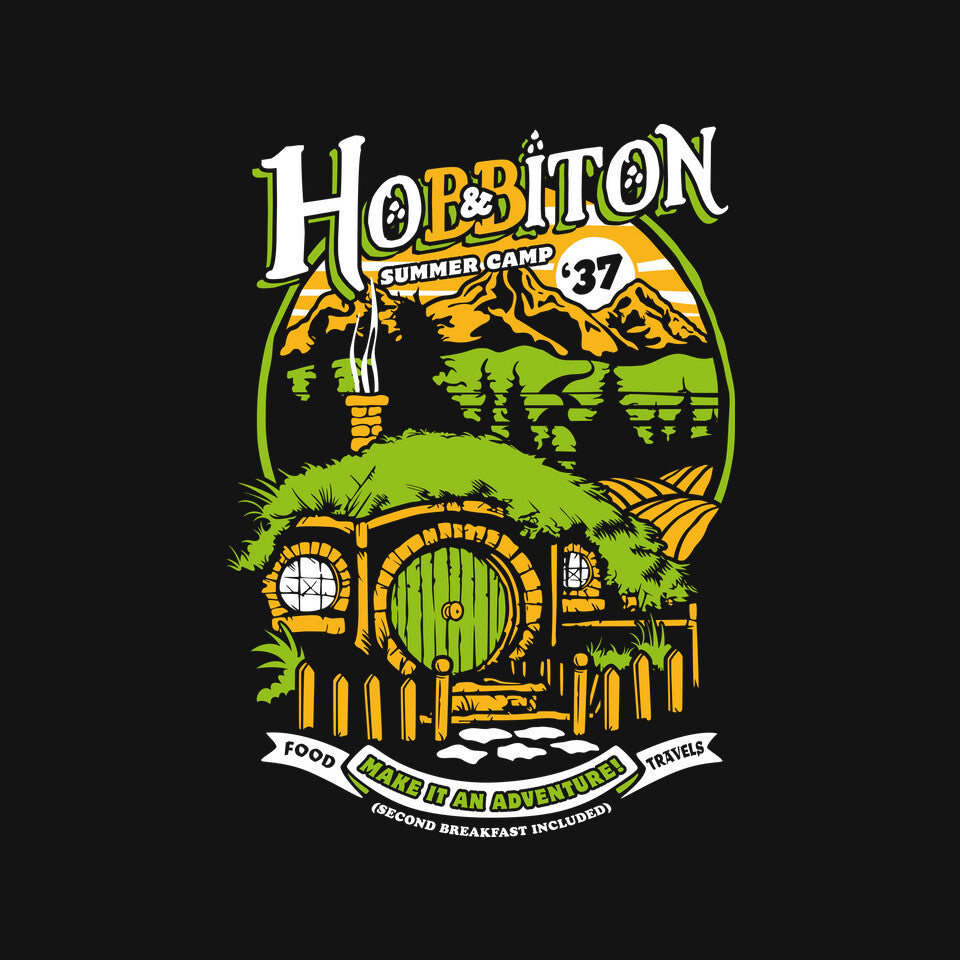 Shire Summer Camp – Fantasy Graphic T-Shirt design artwork for black graphic T-shirt