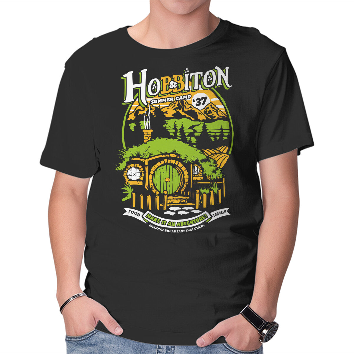 Shire Summer Camp – Fantasy Graphic T-Shirt in black, product display