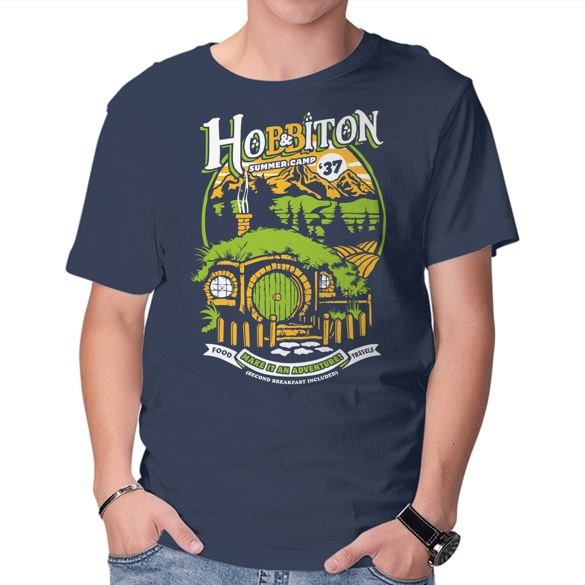 Shire Summer Camp – Fantasy Graphic T-Shirt in navy, product display