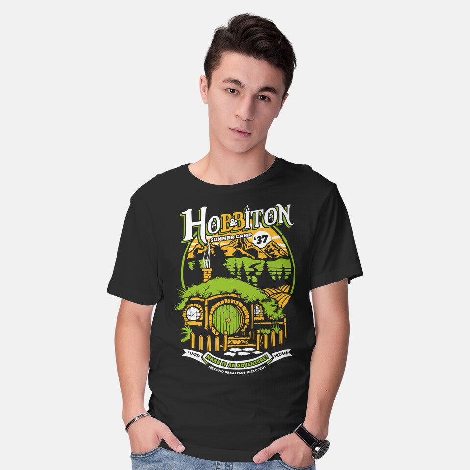 Model wearing black Shire Summer Camp – Fantasy Graphic T-Shirt