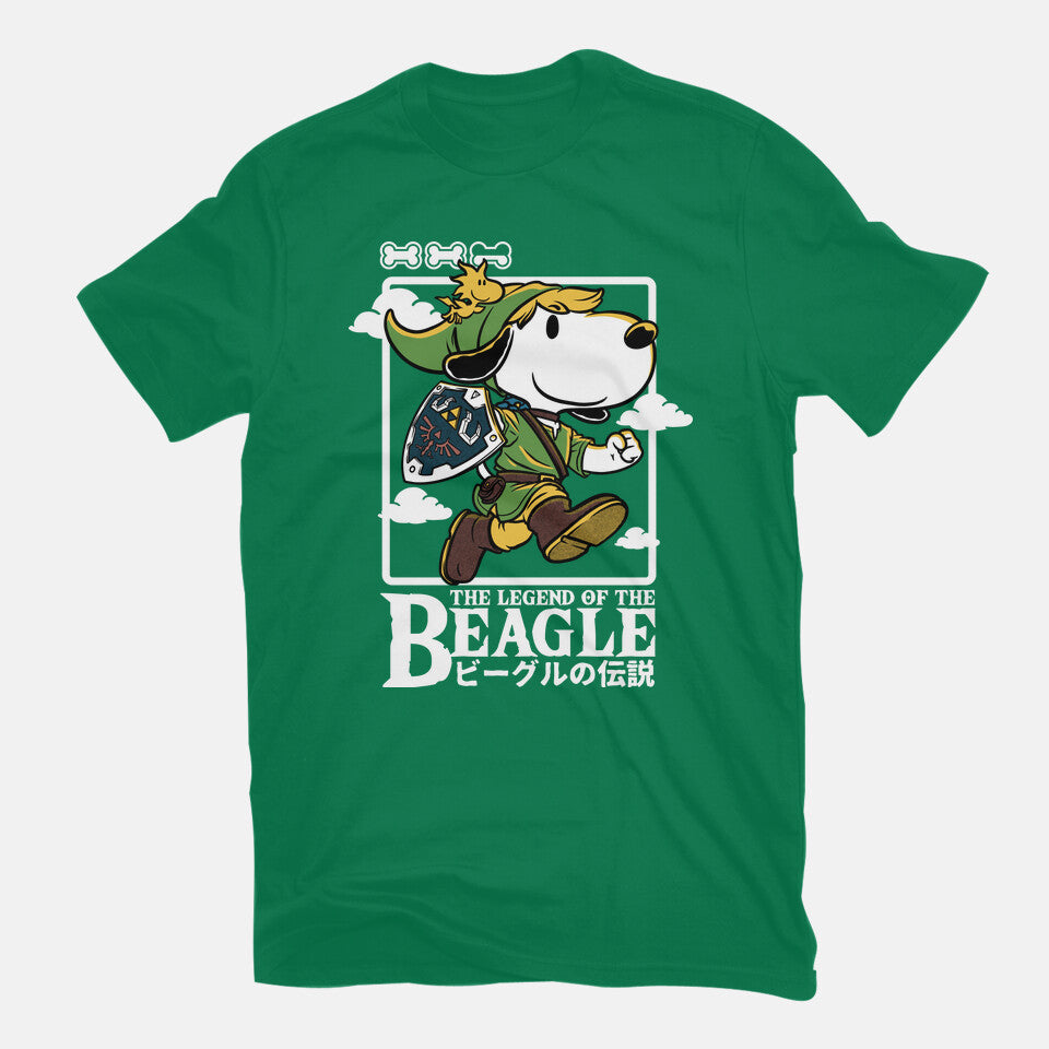The Legend Of The Beagle – Gaming Graphic T-Shirt in green, flat-lay product view