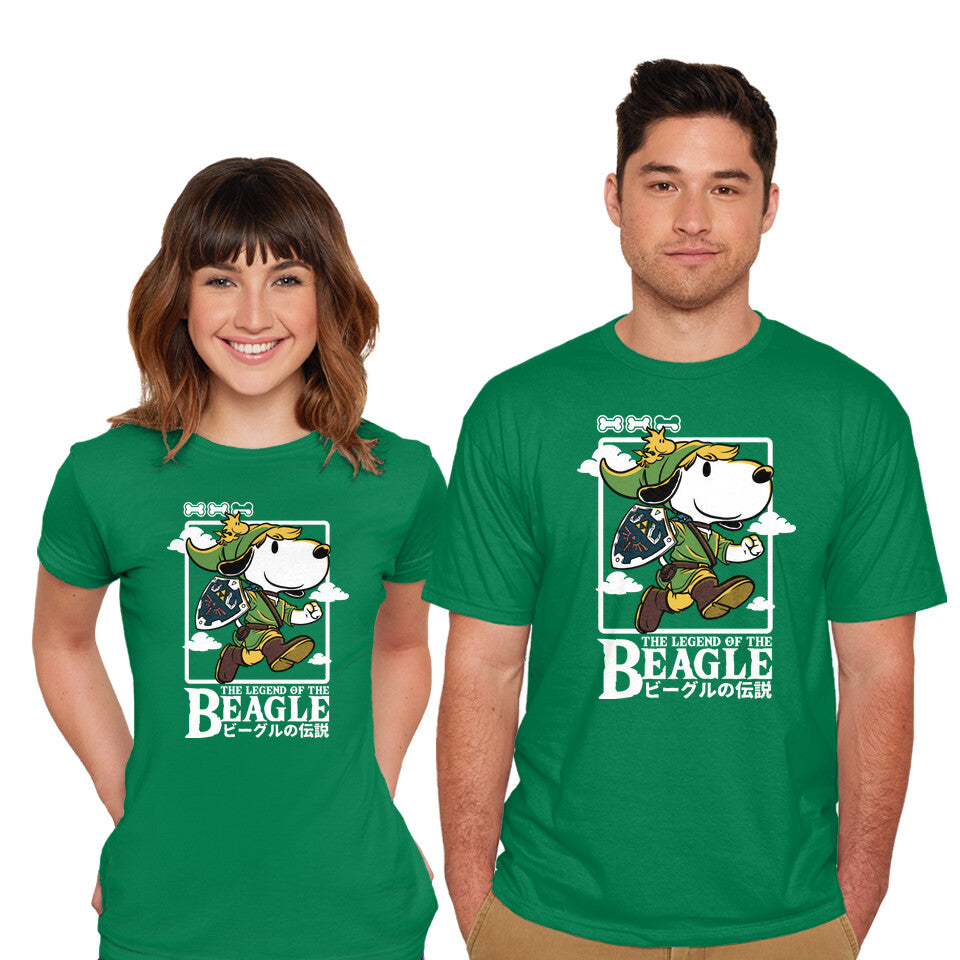 Model wearing green The Legend Of The Beagle – Gaming Graphic T-Shirt