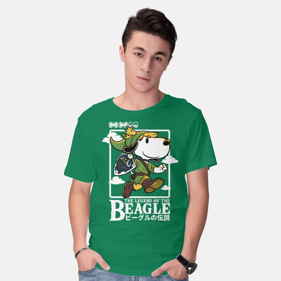 Model wearing green The Legend Of The Beagle – Gaming Graphic T-Shirt