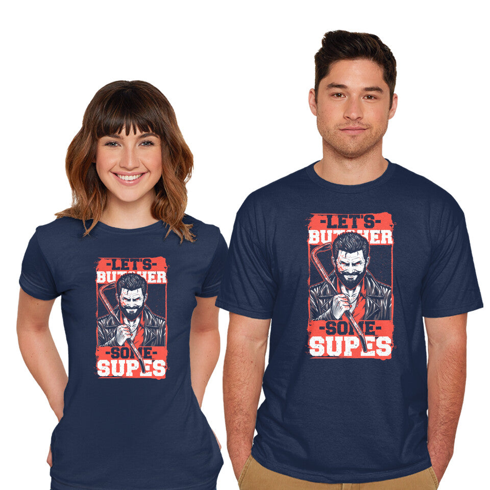 Model wearing navy Super Heroes Hunter Graphic T-Shirt