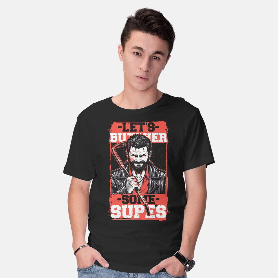 Model wearing black Super Heroes Hunter Graphic T-Shirt
