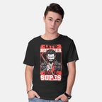 Model wearing black Super Heroes Hunter Graphic T-Shirt