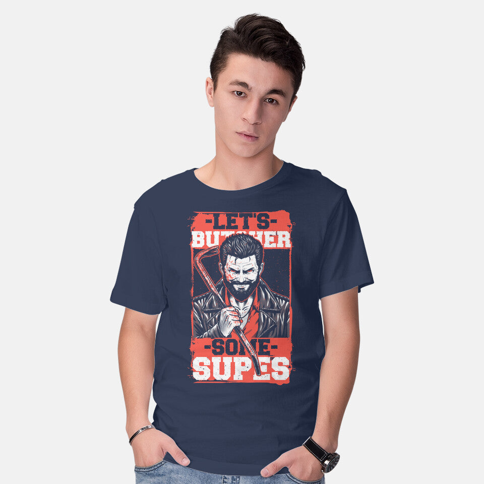 Model wearing navy Super Heroes Hunter Graphic T-Shirt