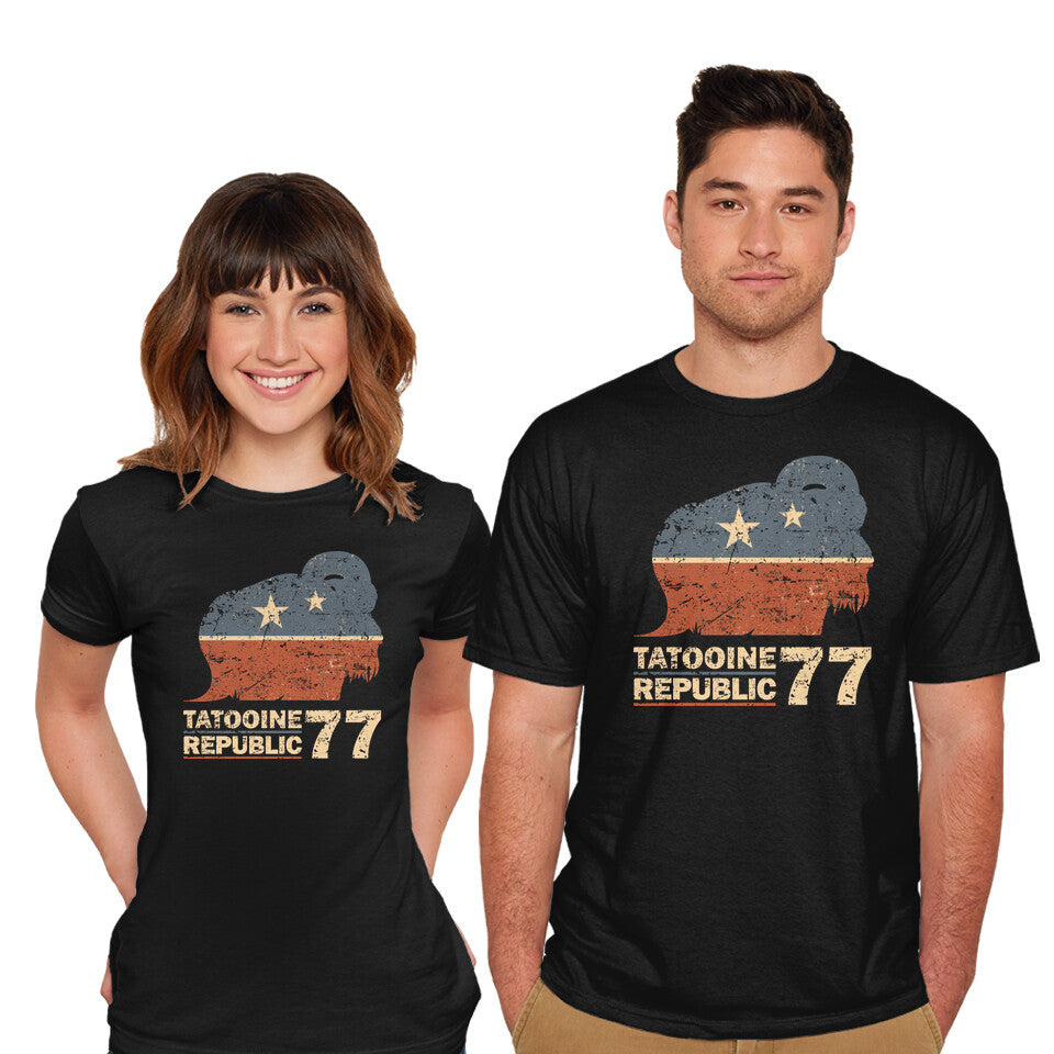 Model wearing black Republic – Sci-Fi Graphic T-Shirt