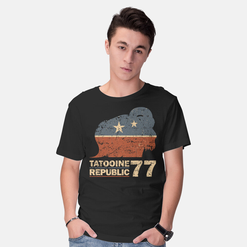 Model wearing black Republic – Sci-Fi Graphic T-Shirt