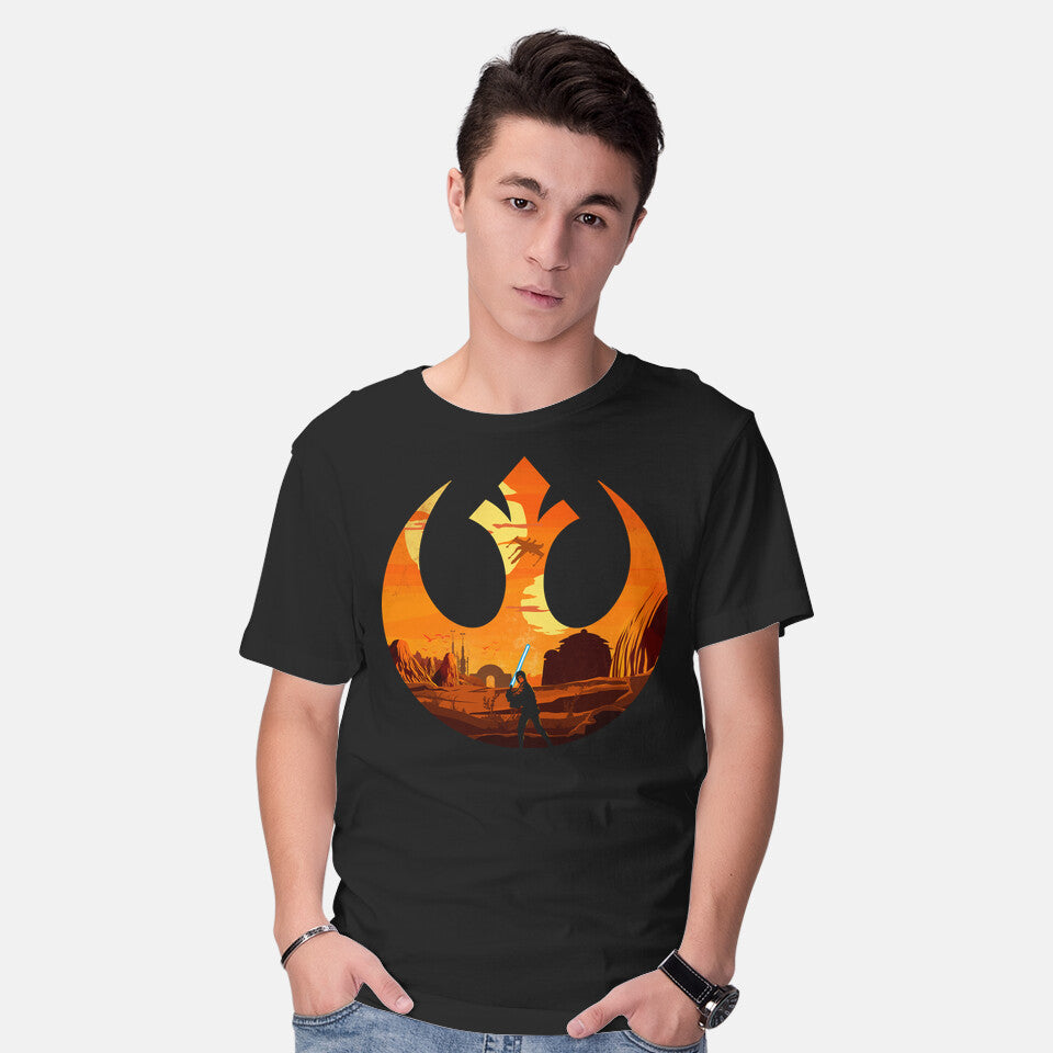 Model wearing black The Knight Farmer – Sci-Fi Graphic T-Shirt