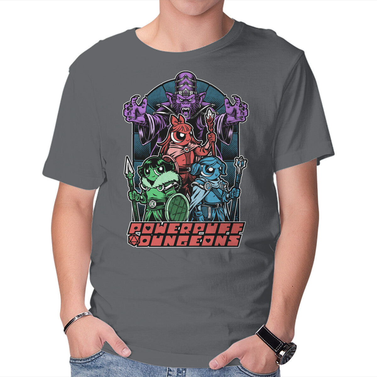 Power Girls Dungeons Graphic T-Shirt in charcoal, product display