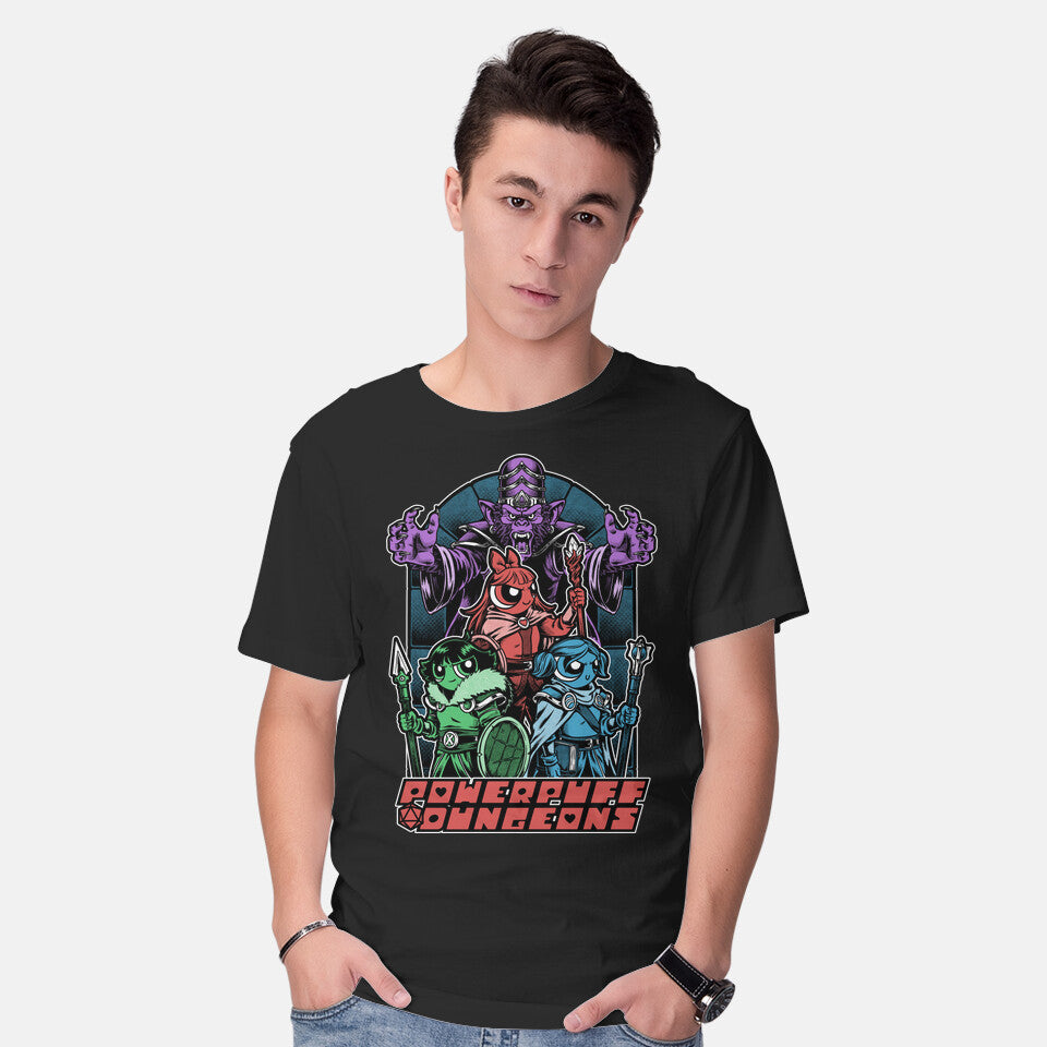 Model wearing black Power Girls Dungeons Graphic T-Shirt