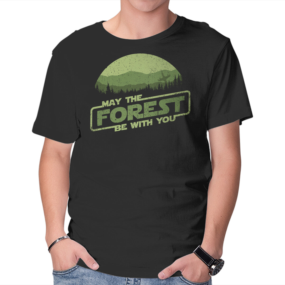 May The Forest Be With You – Sci-Fi Graphic T-Shirt in black, product display