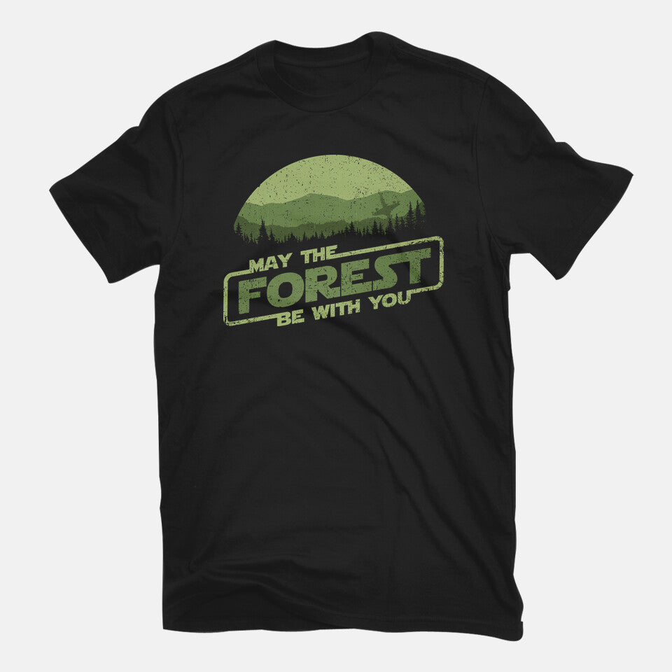 May The Forest Be With You – Sci-Fi Graphic T-Shirt in black, flat-lay product view