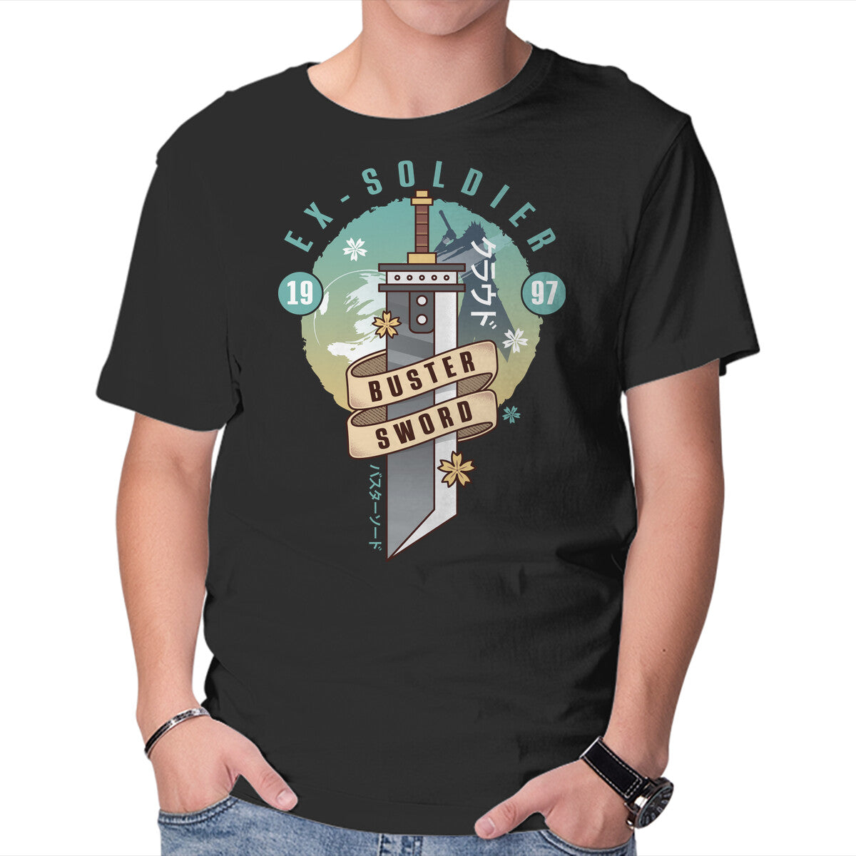 Cloud Buster Sword Emblem – Gaming Graphic T-Shirt in black, product display