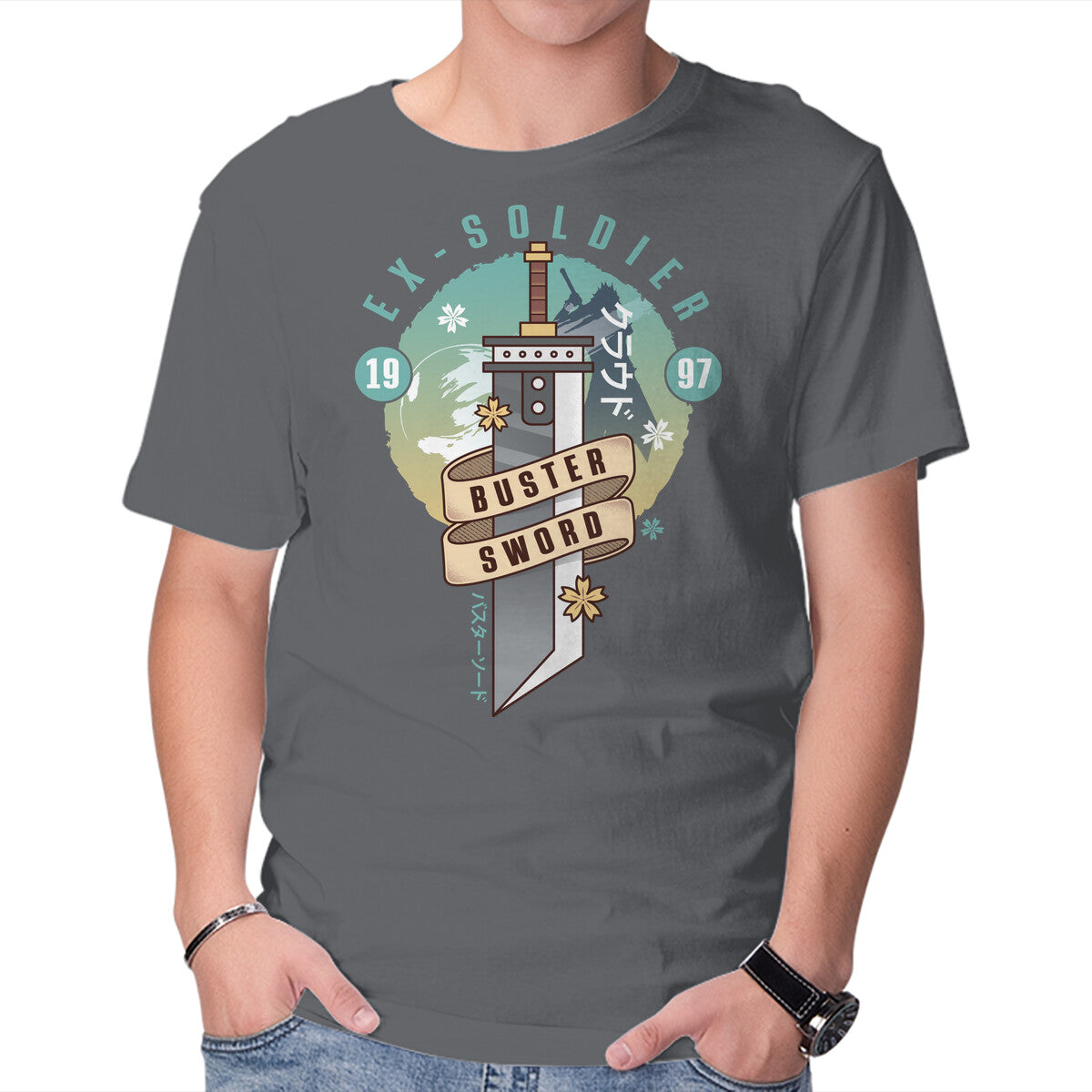 Cloud Buster Sword Emblem – Gaming Graphic T-Shirt in charcoal, product display