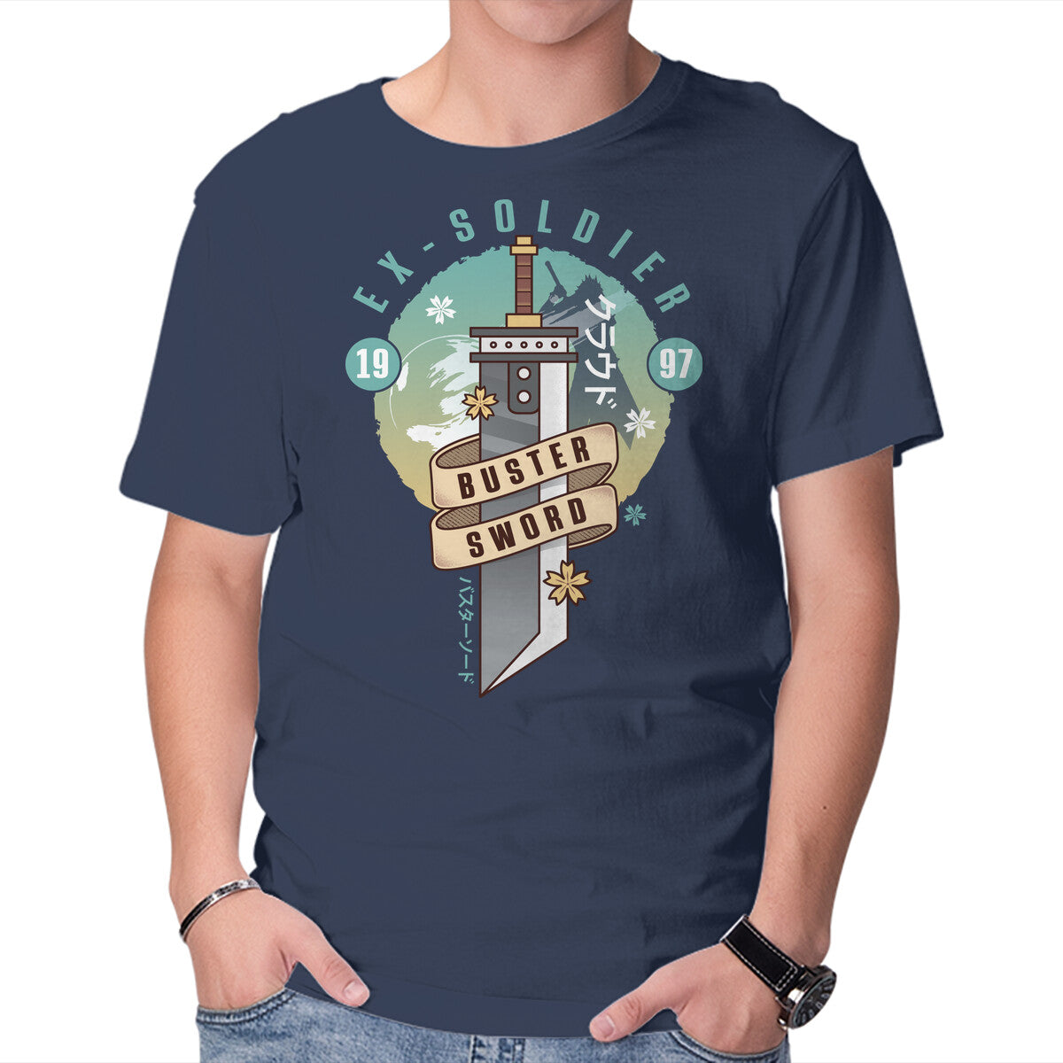 Cloud Buster Sword Emblem – Gaming Graphic T-Shirt in navy, product display