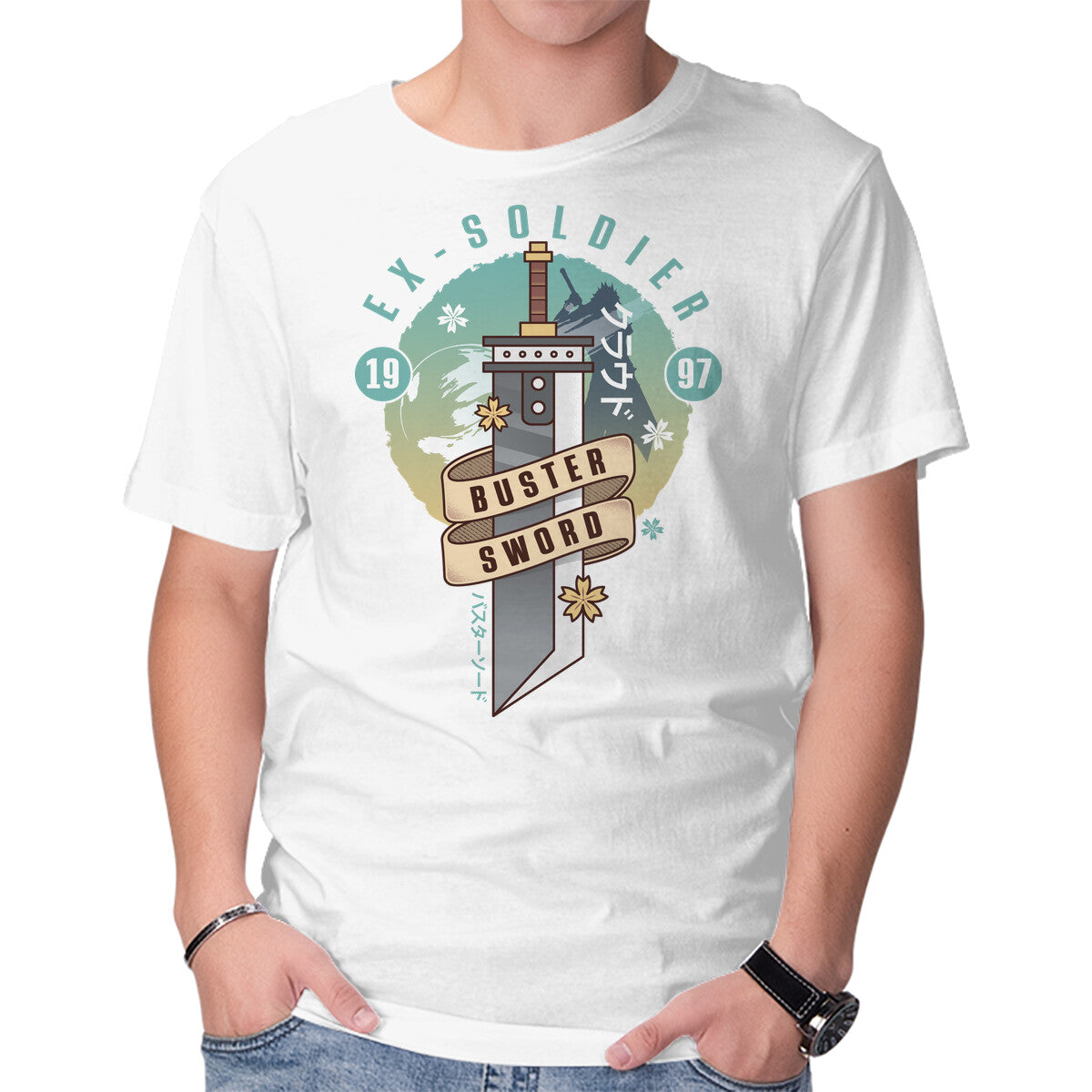 Cloud Buster Sword Emblem – Gaming Graphic T-Shirt in white, product display