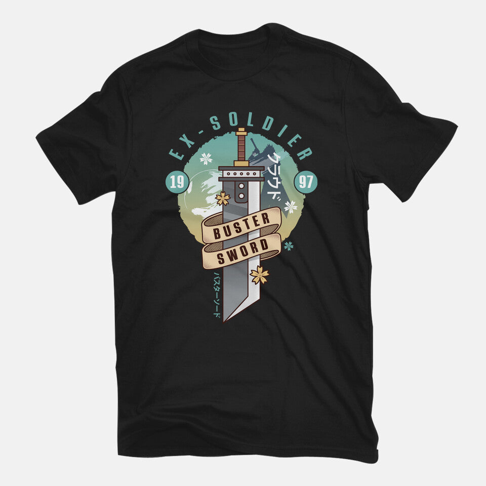Cloud Buster Sword Emblem – Gaming Graphic T-Shirt in black, flat-lay product view