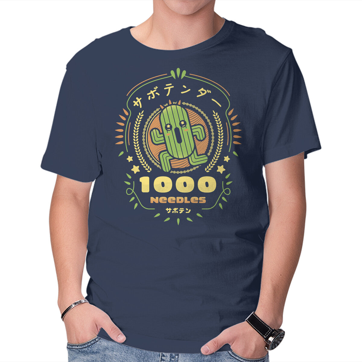 Cactuar Needles – Gaming Graphic T-Shirt in navy, product display
