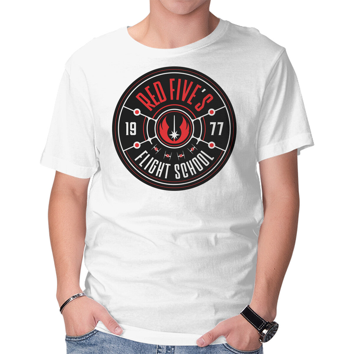 Red Five's Flight School – Sci-Fi Graphic T-Shirt in white, product display
