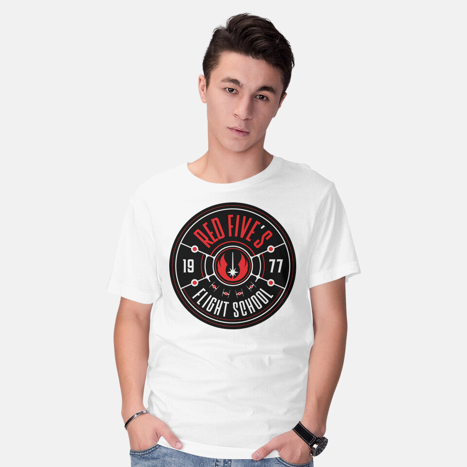 Model wearing white Red Five's Flight School – Sci-Fi Graphic T-Shirt