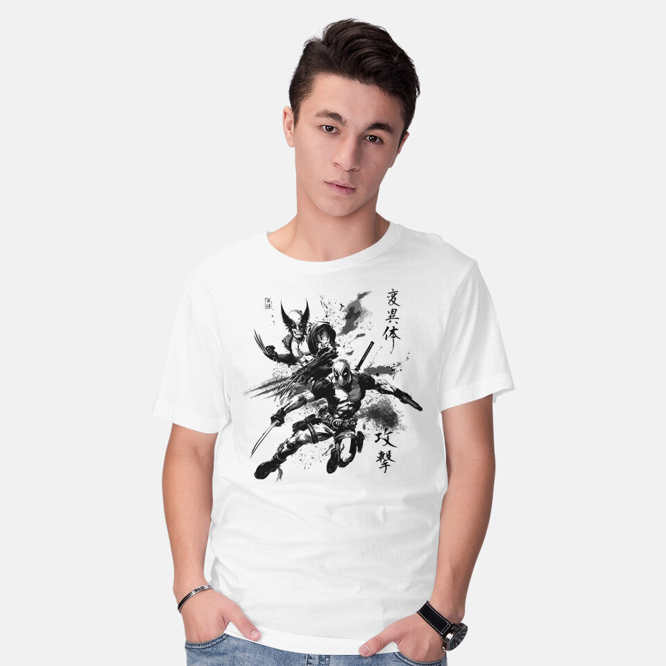 Model wearing white Mutants In Action – Movie Graphic T-Shirt