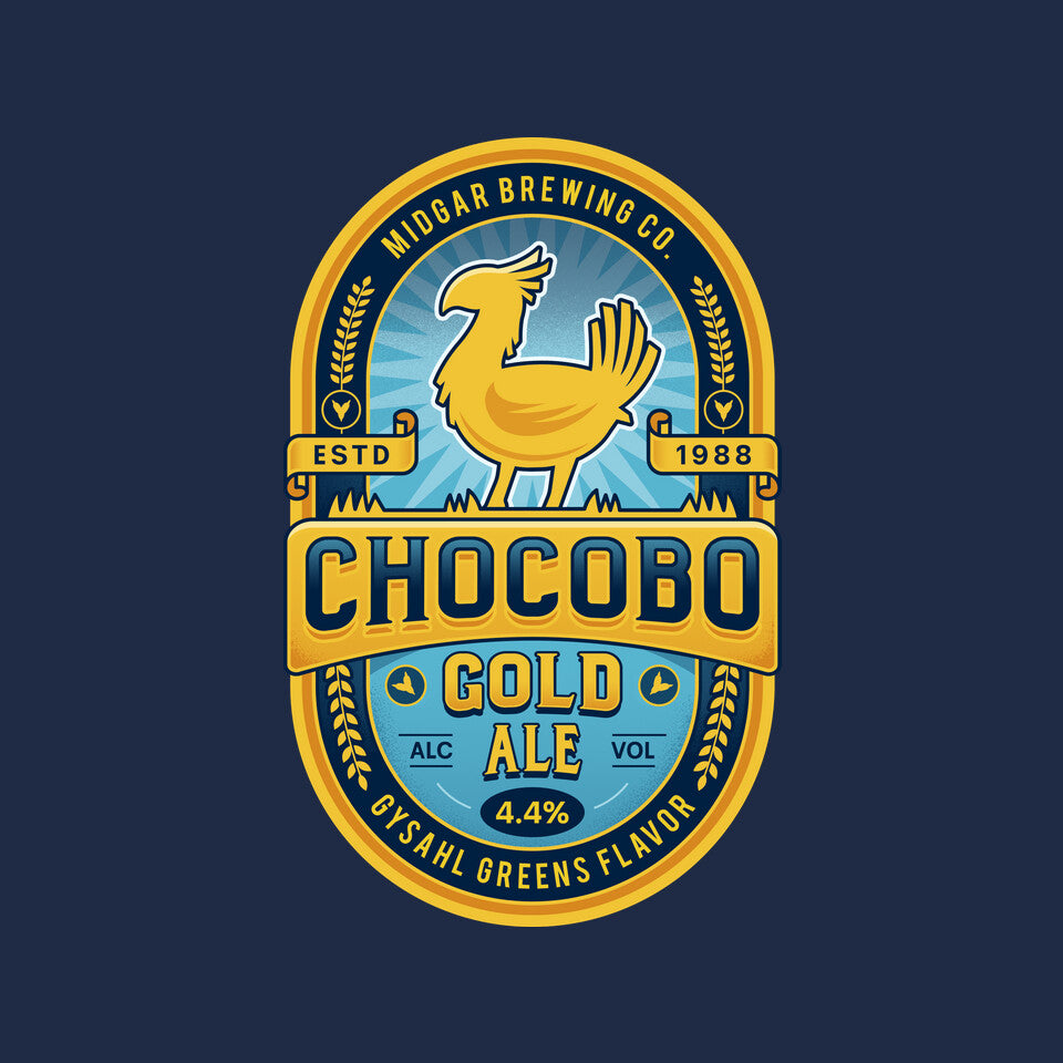 Chocobo Gold Beer Emblem – Gaming Graphic T-Shirt design artwork for navy graphic T-shirt