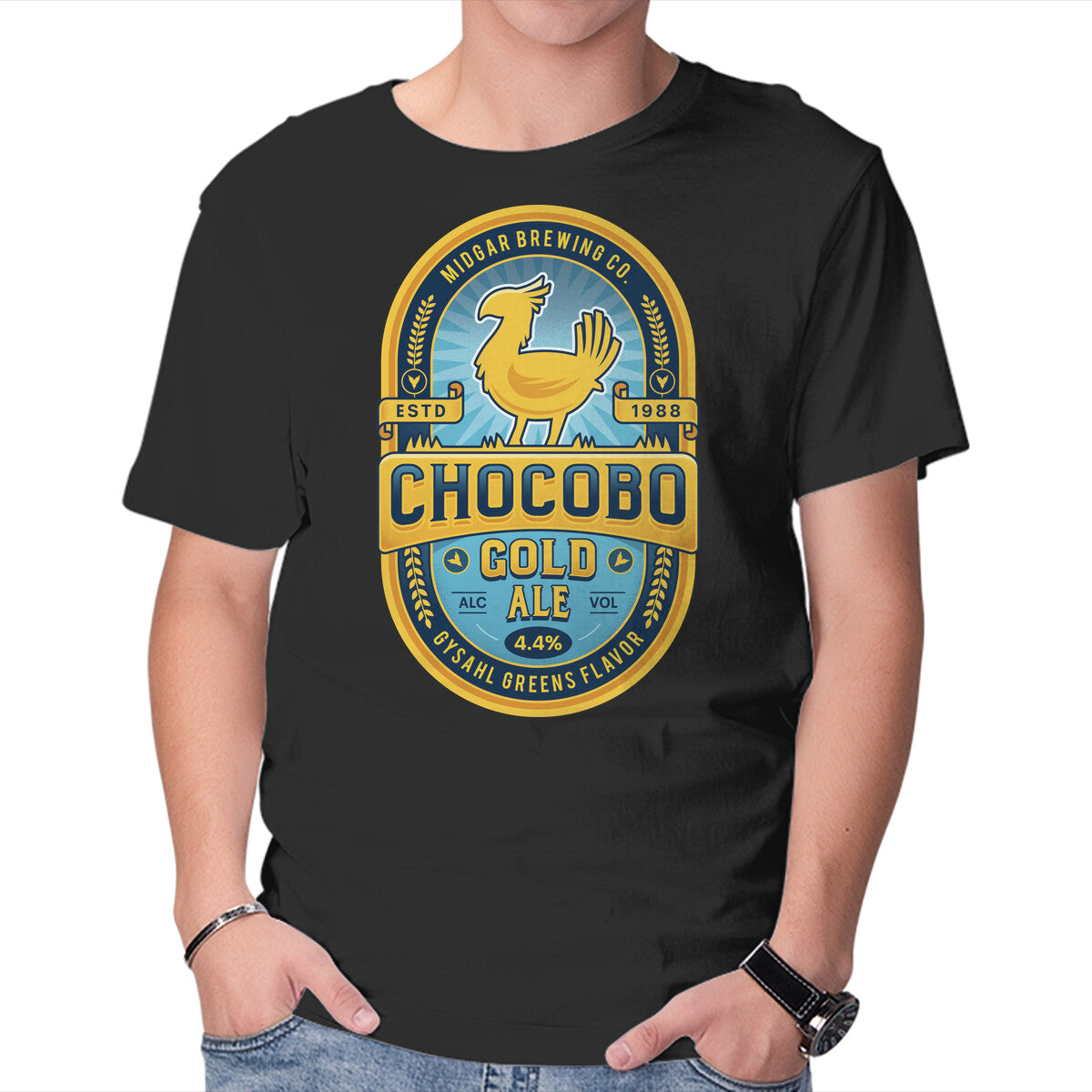 Chocobo Gold Beer Emblem – Gaming Graphic T-Shirt in black, product display