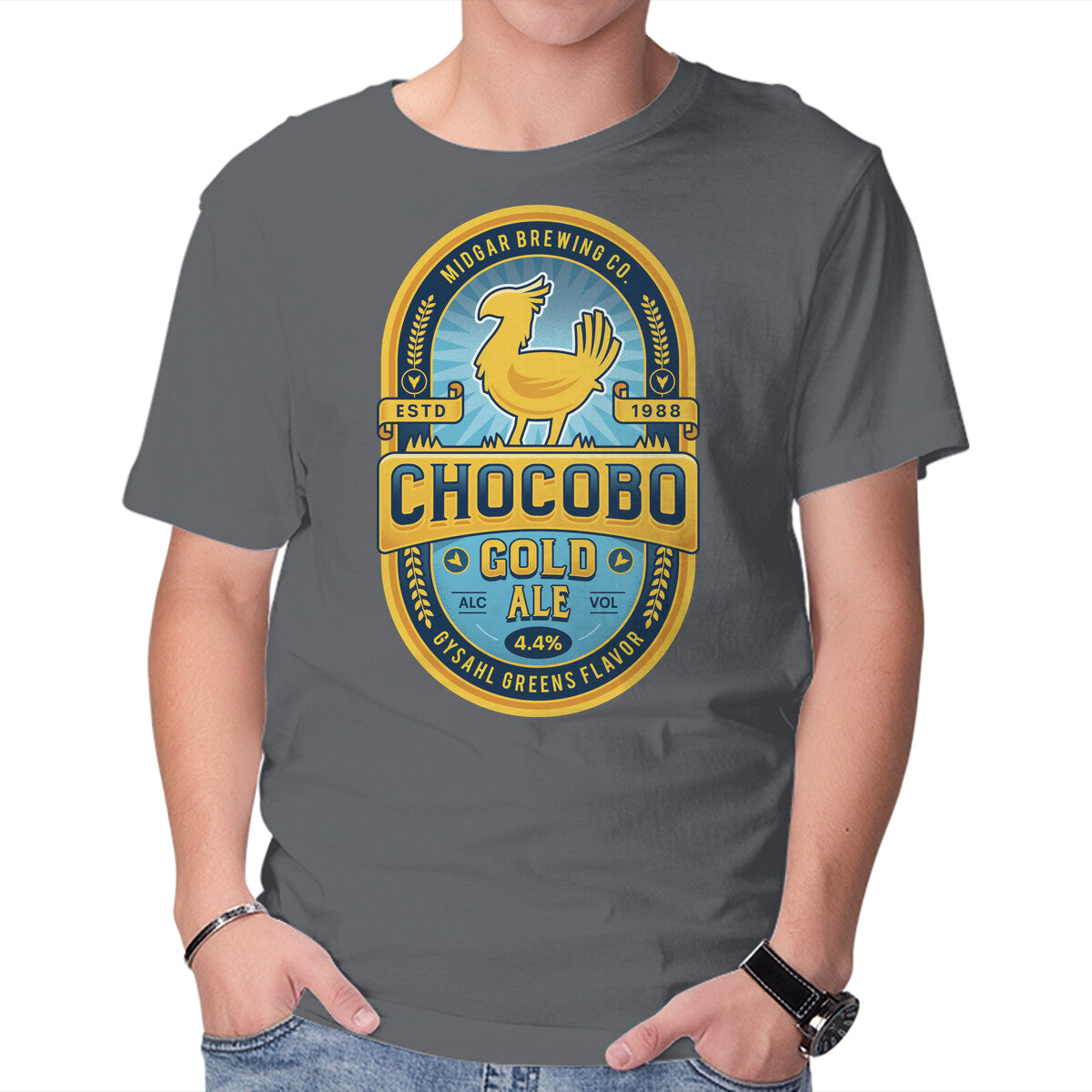 Chocobo Gold Beer Emblem – Gaming Graphic T-Shirt in charcoal, product display