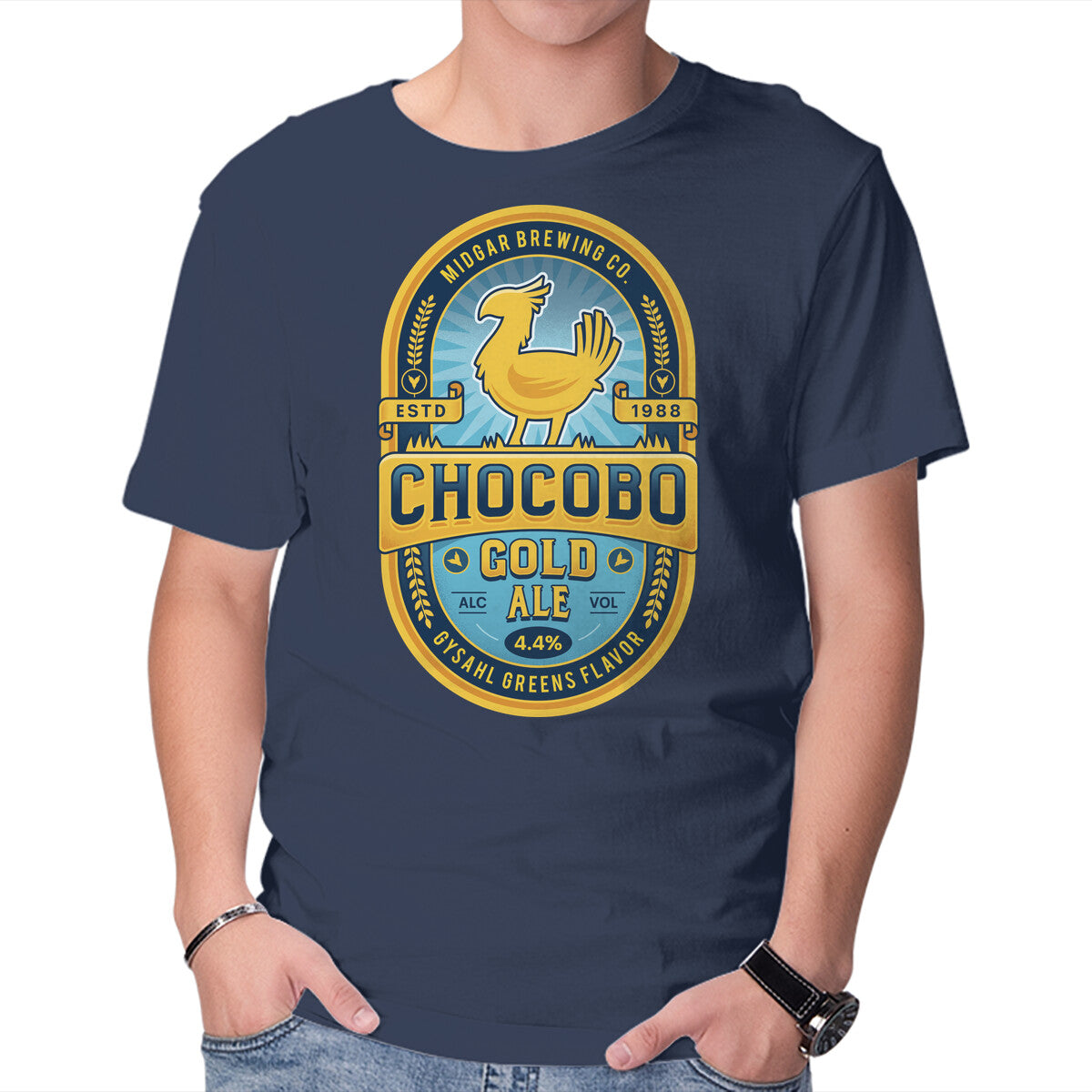 Chocobo Gold Beer Emblem – Gaming Graphic T-Shirt in navy, product display