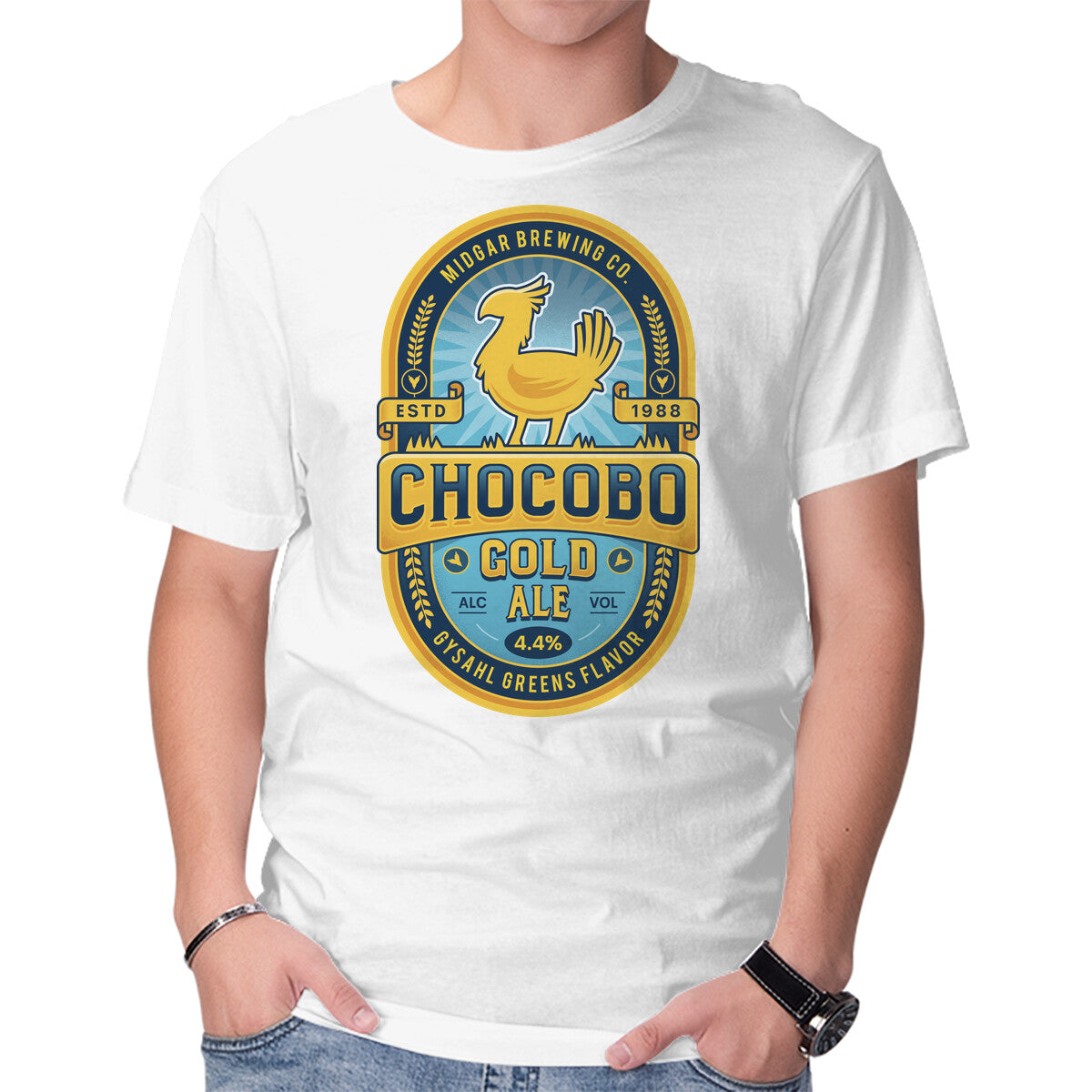 Chocobo Gold Beer Emblem – Gaming Graphic T-Shirt in white, product display