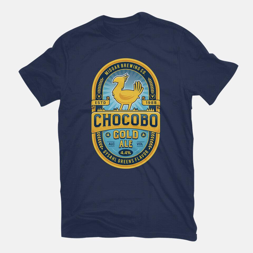 Chocobo Gold Beer Emblem – Gaming Graphic T-Shirt in navy, flat-lay product view
