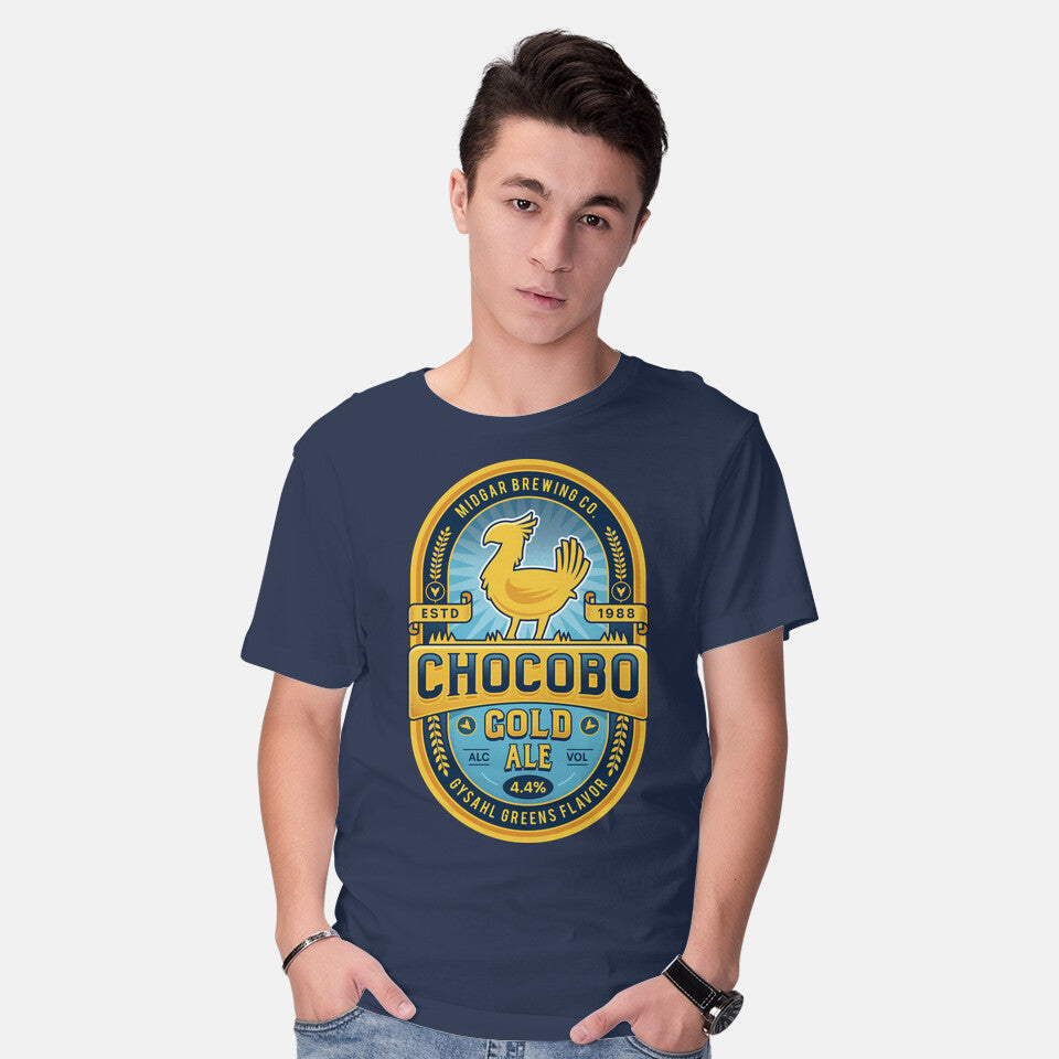 Model wearing navy Chocobo Gold Beer Emblem – Gaming Graphic T-Shirt