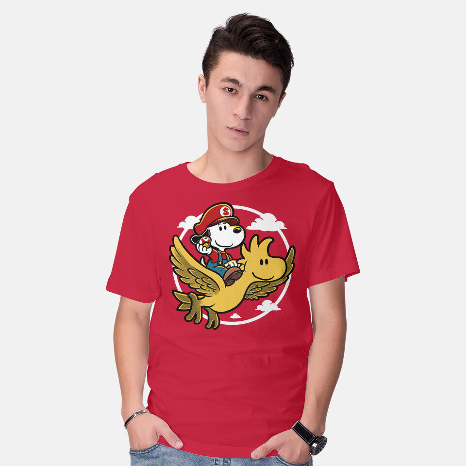 Model wearing red Super Beagle Bros – Dog Graphic T-Shirt