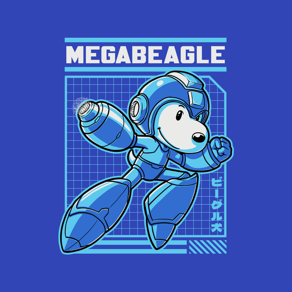 Mega Beagle Videogame – Dog Graphic T-Shirt design artwork for royal blue graphic T-shirt