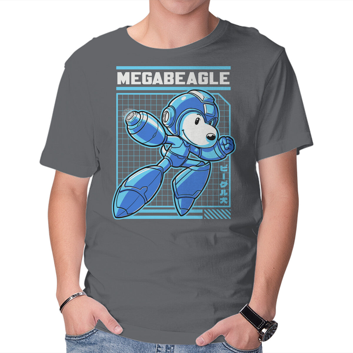 Mega Beagle Videogame – Dog Graphic T-Shirt in charcoal, product display