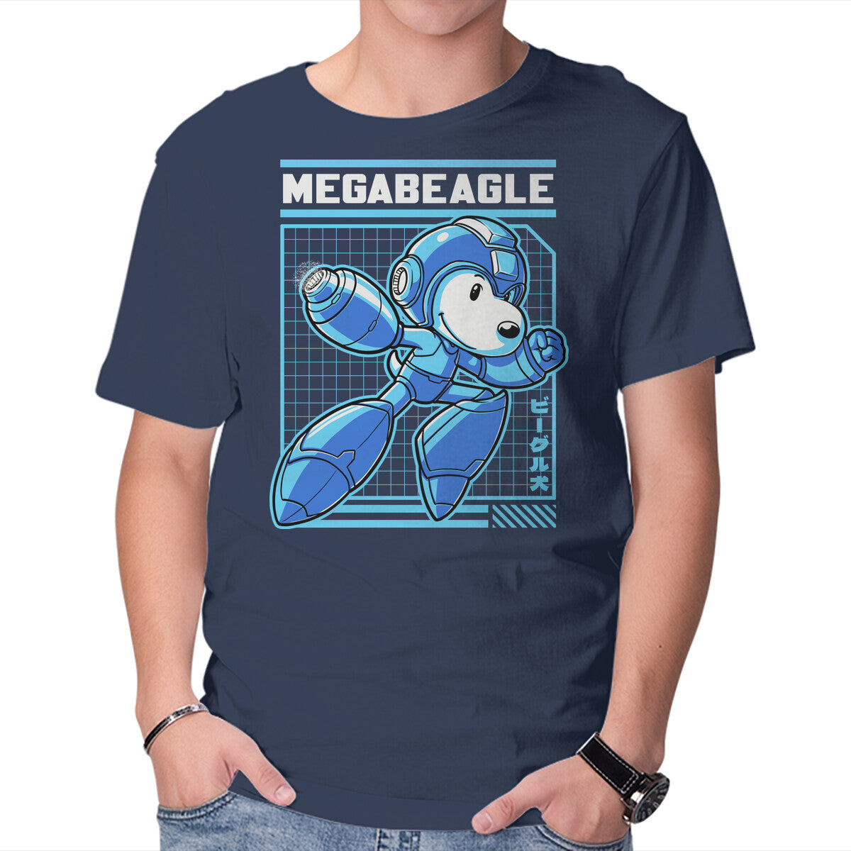 Mega Beagle Videogame – Dog Graphic T-Shirt in navy, product display